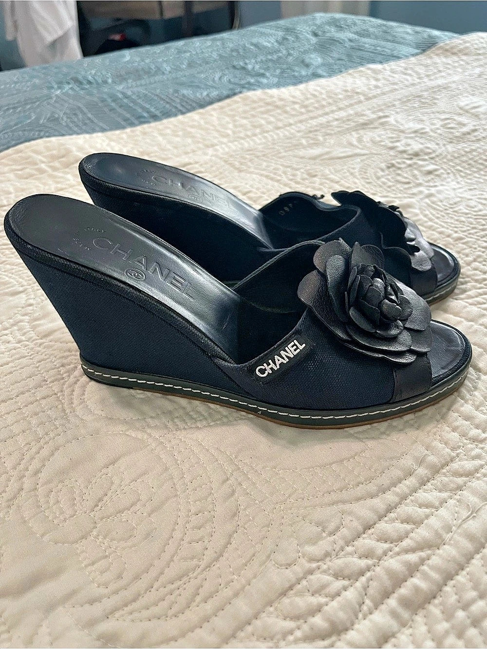 Chanel Black Canvas Camellia Wedge Sandals